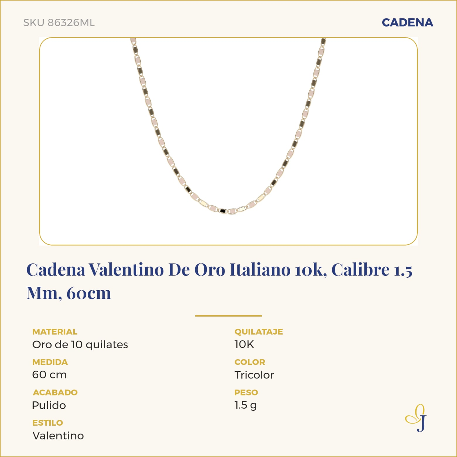 Cadena Valentino De Oro Italiano 10k, Calibre 1.5 Mm, 60cm