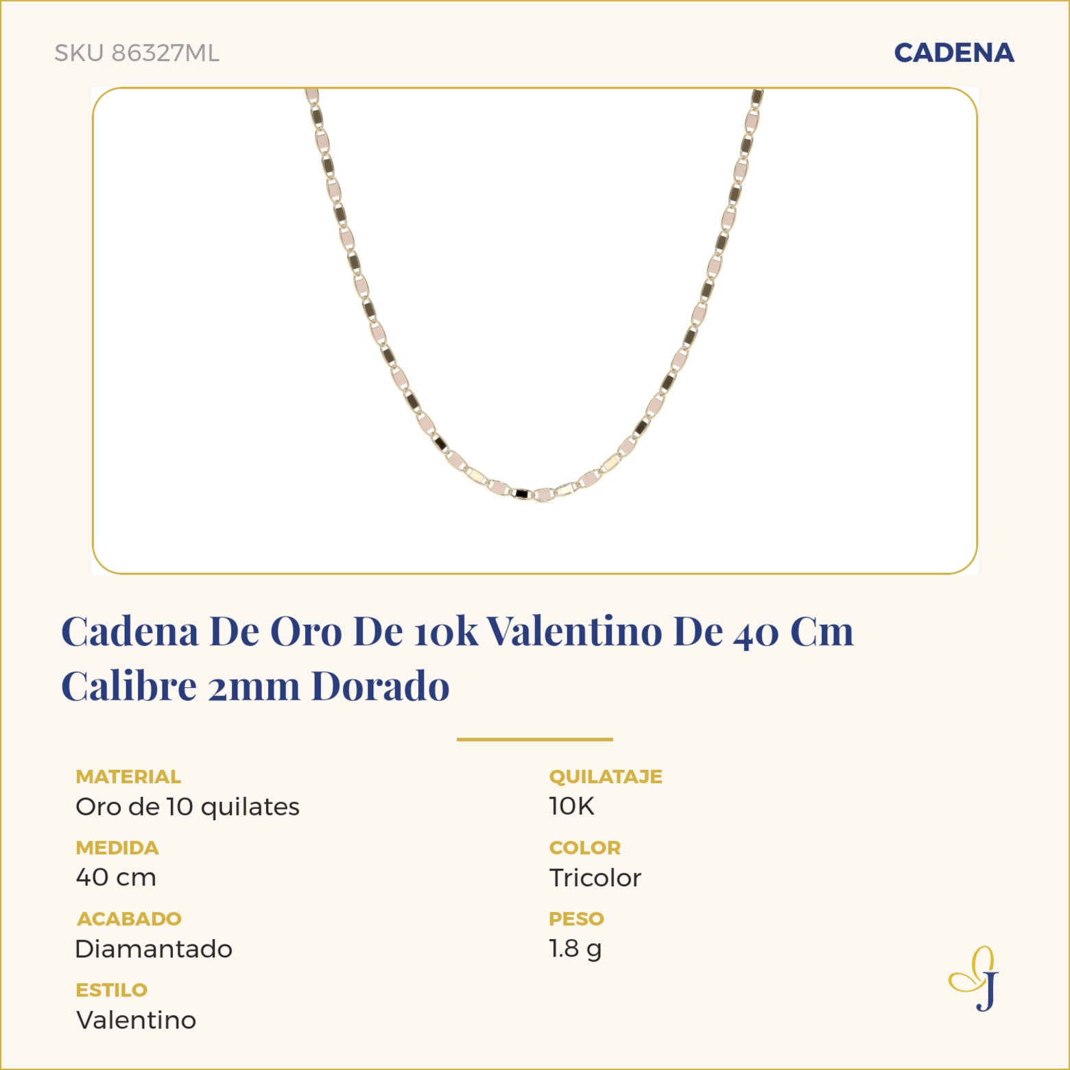 Cadena De Oro De 10k Valentino De 40 Cm Calibre 2mm Dorado