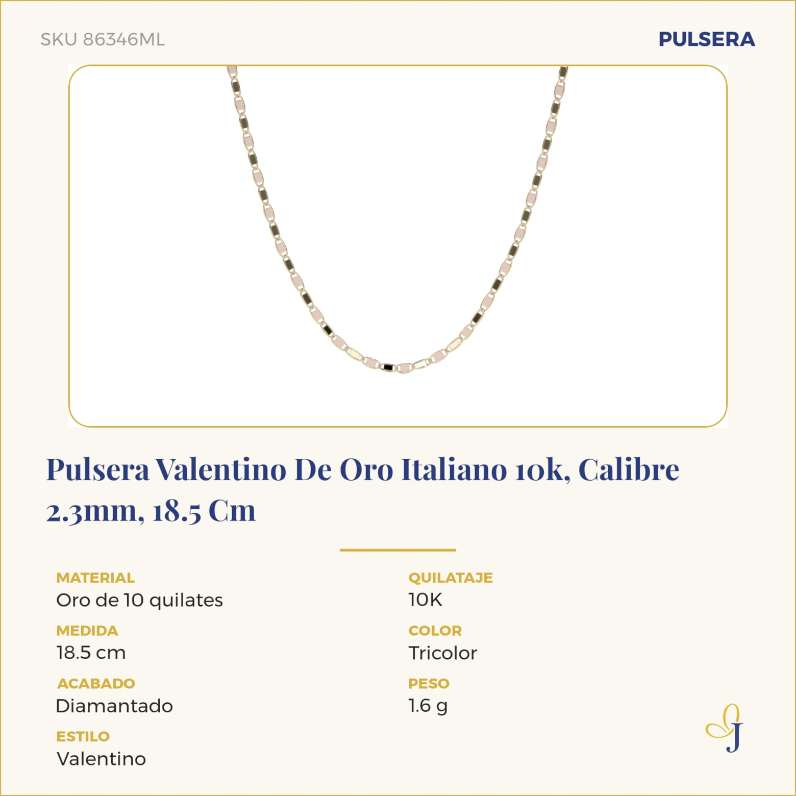 Pulsera Valentino De Oro Italiano 10k, Calibre 2.3mm, 18.5 Cm