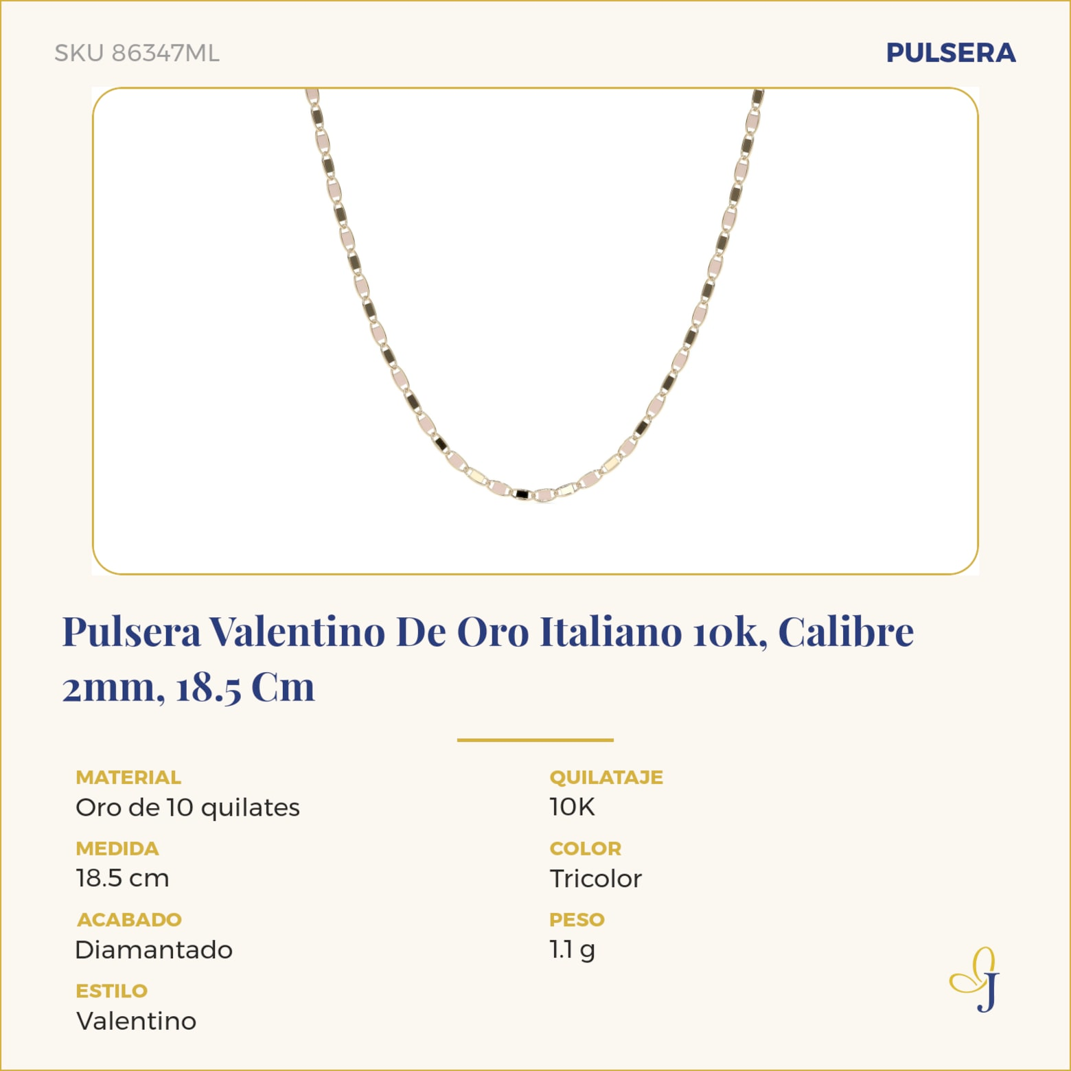 Pulsera Valentino De Oro Italiano 10k, Calibre 2mm, 18.5 Cm
