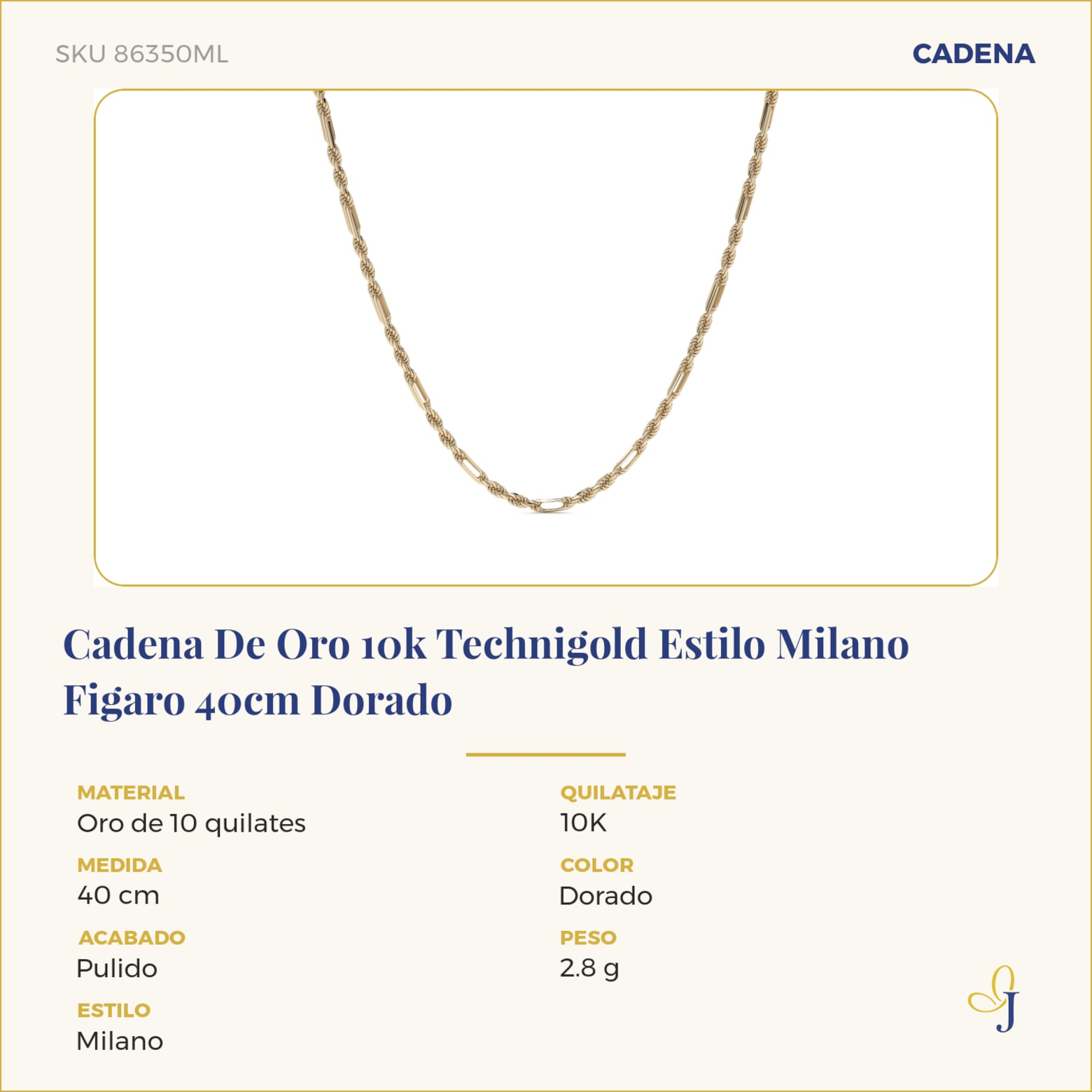 Cadena De Oro 10k Technigold Estilo Milano Figaro 40cm Dorado