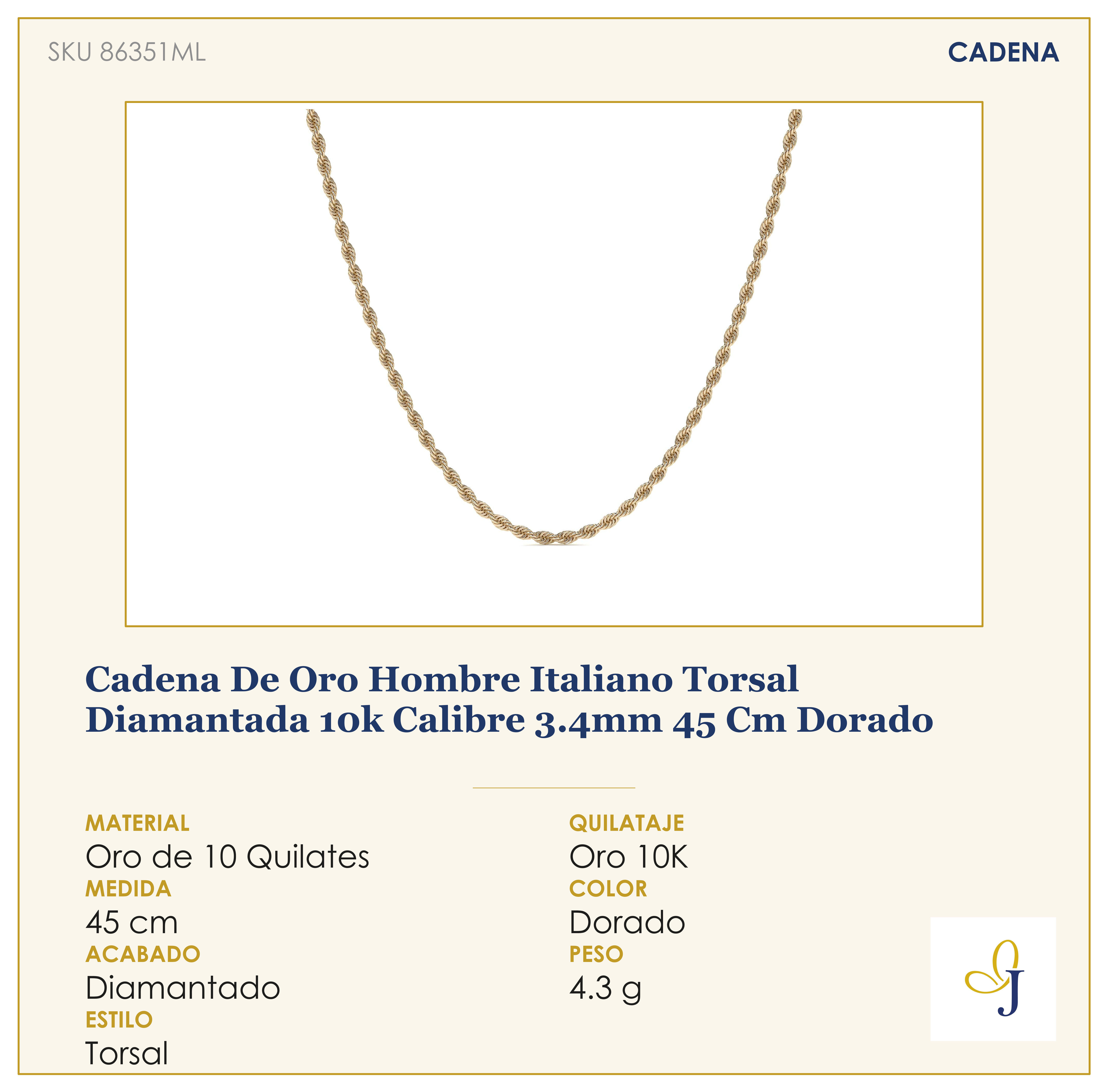 Cadena De Oro Hombre Italiano Torsal Diamantada 10k Calibre 3.4mm 45 Cm Dorado