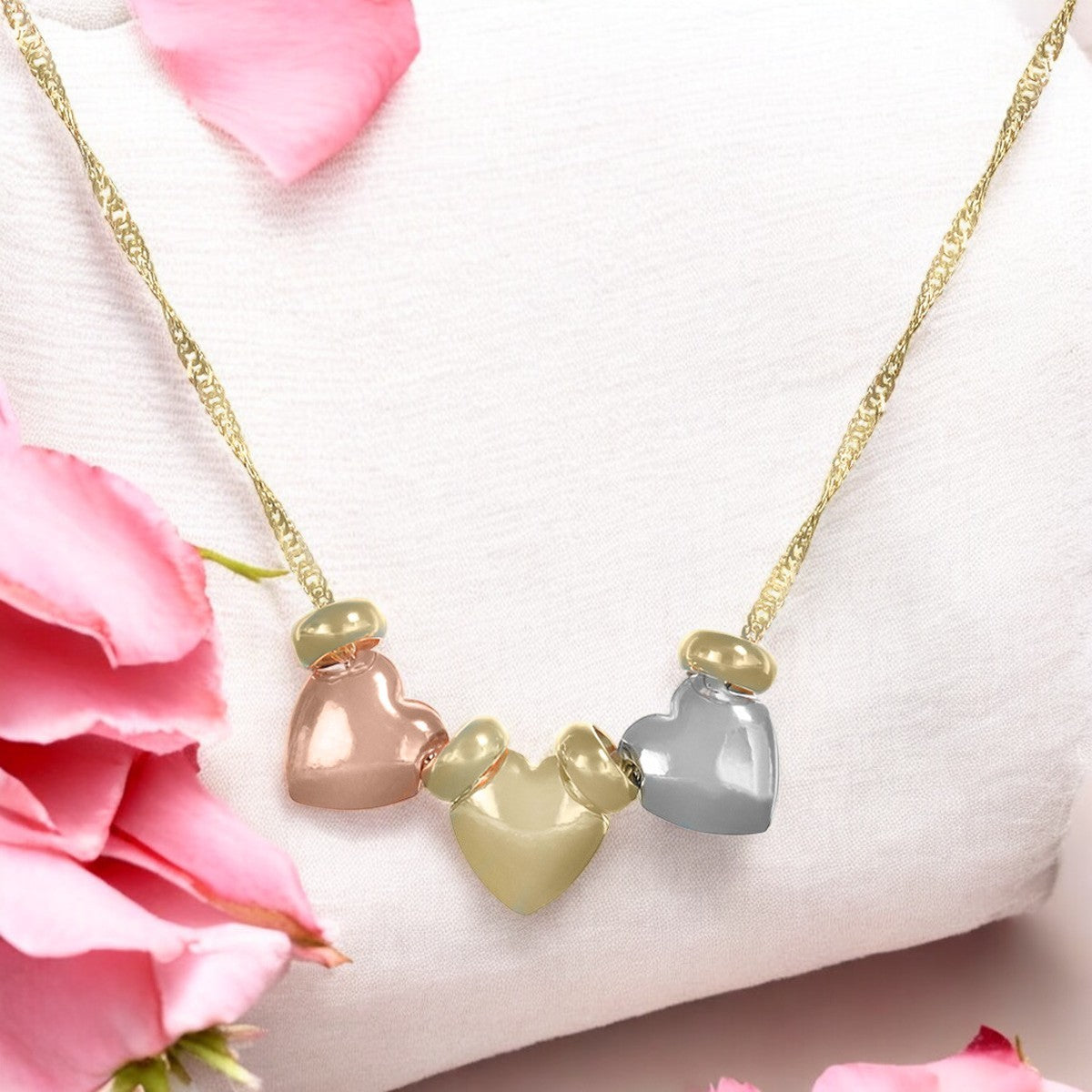 Gargantilla Italiana 10k De Tres Corazones Inflados Y Aros