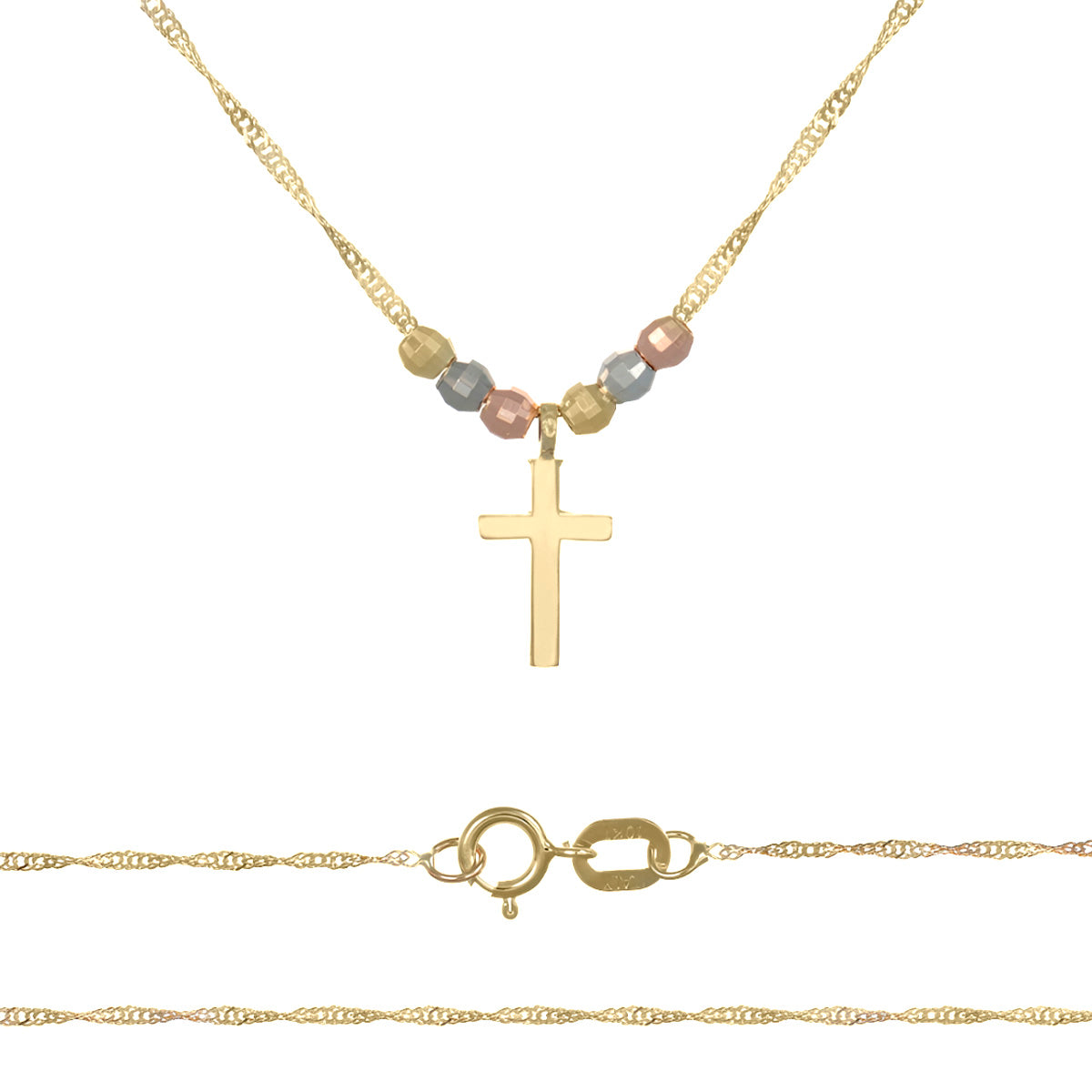 Gargantilla Italiana 14k De Cruz Y Bolas Tricolor