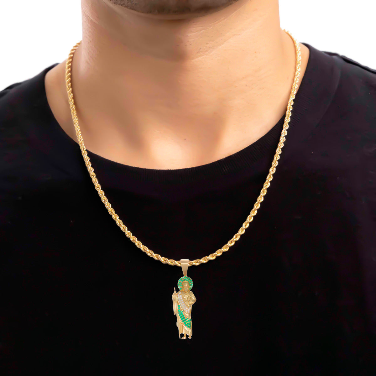 Dije De Oro De 10k San Judas Con Manto Verde De Zirconita