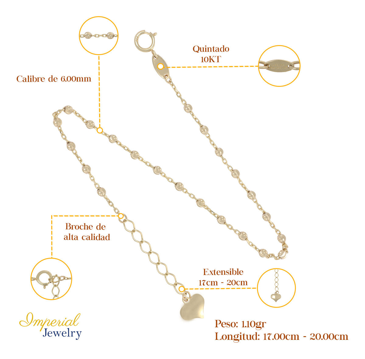 Viviana De Mujer Con Bola 6mm Calibre 1mm De 10k, 17-20cm