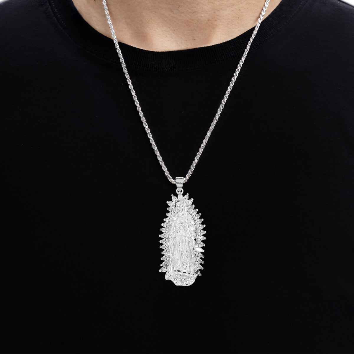 Dije De Virgen De Guadalupe De Plata 925 Con Zirconita 6.2cm