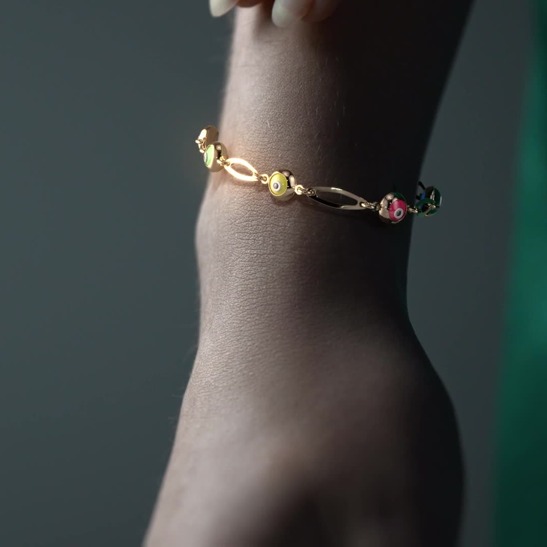 Pulsera De Mujer De Ojos Multicolor De 10 Quilates 3mm, 18cm Color Dorado Diámetro 6   Largo 18 Cm 15.2 Cm
