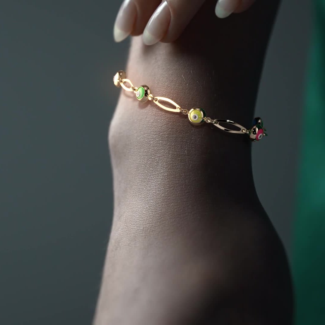 Pulsera De Mujer De Ojos Multicolor De 10 Quilates 3mm, 18cm Color Dorado Diámetro 6   Largo 18 Cm 15.2 Cm