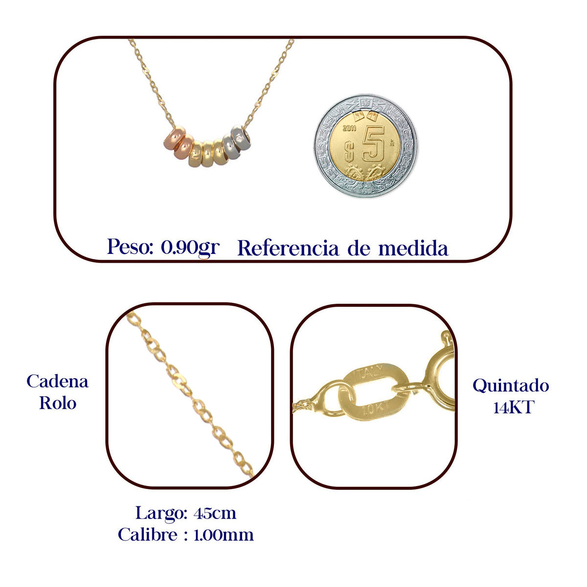 Gargantilla De Oro Italiano 14k Con Aros Tricolores