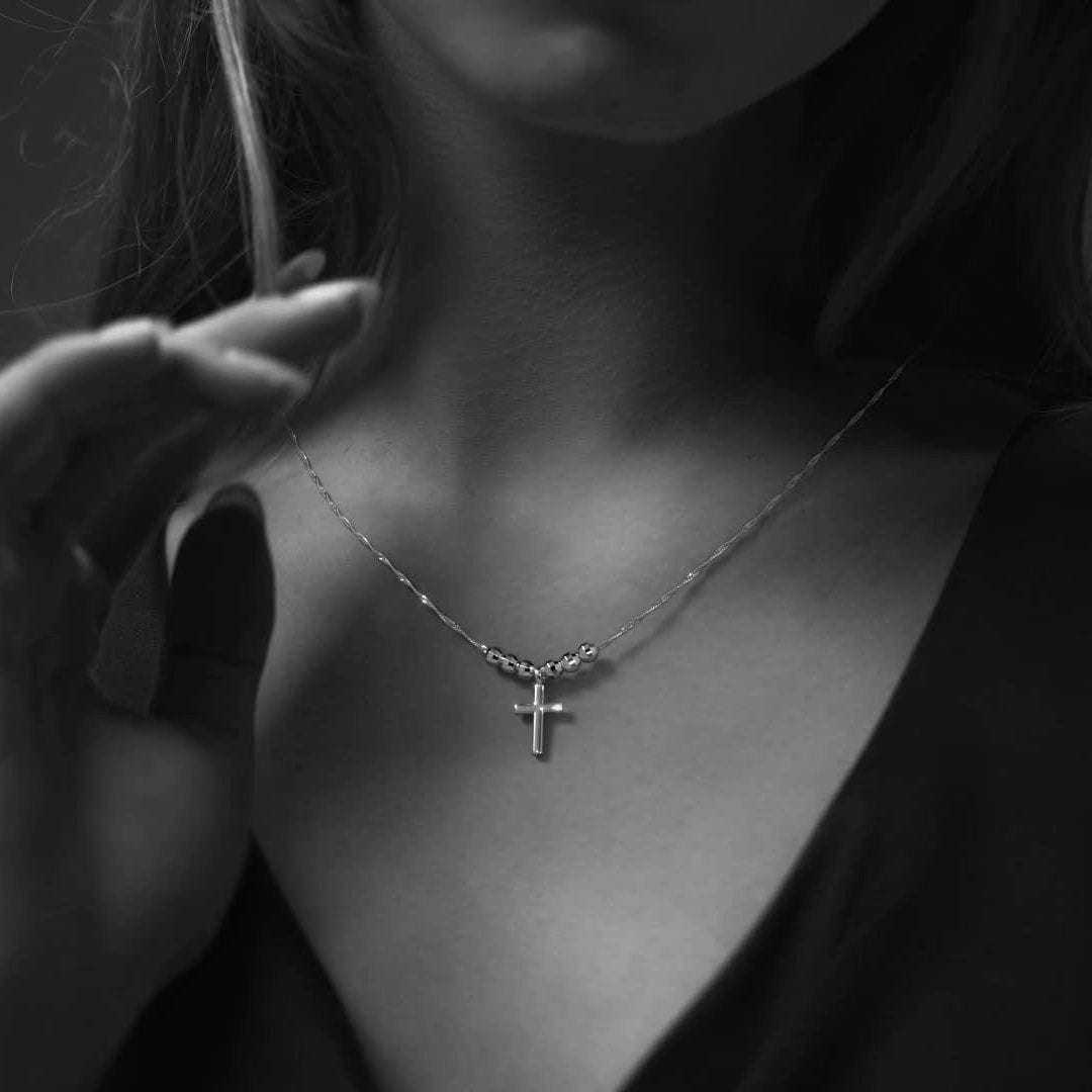 Collar De Cruz De Plata 925 Con Bola Diamantada De 45 Cm