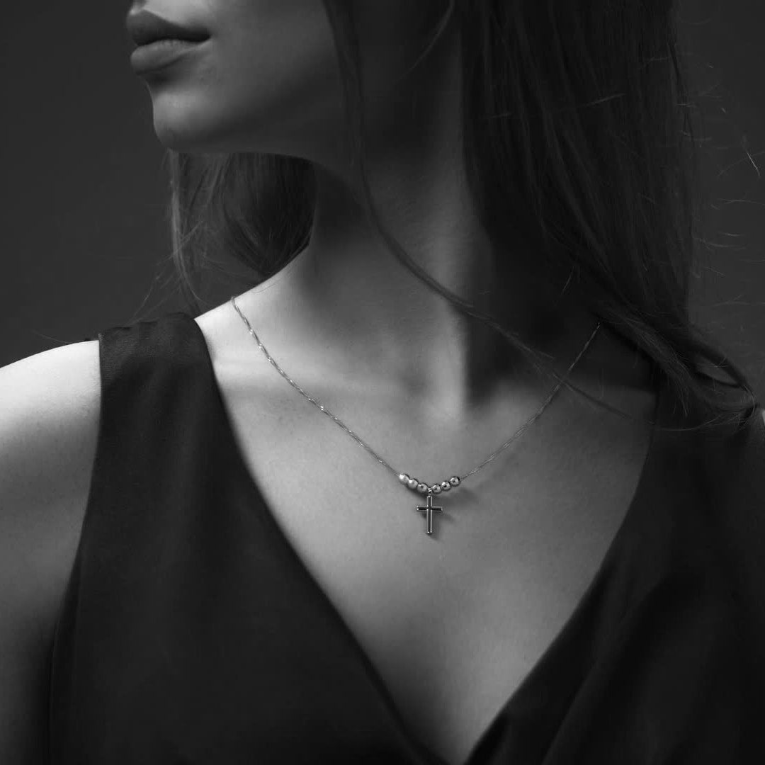 Collar De Cruz De Plata 925 Con Bola Diamantada De 45 Cm