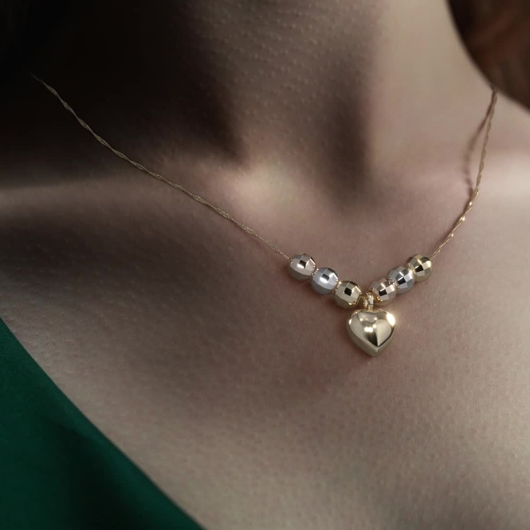 Gargantilla Italiana 14k o 10K De Corazón Inflado Y Bolas Tricolor