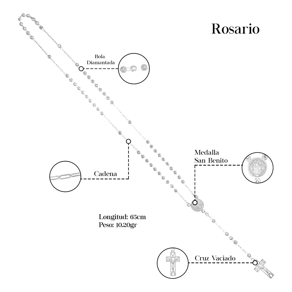 Rosario De Plata Ley 925 Con Bola Diamantada De 65 Cm