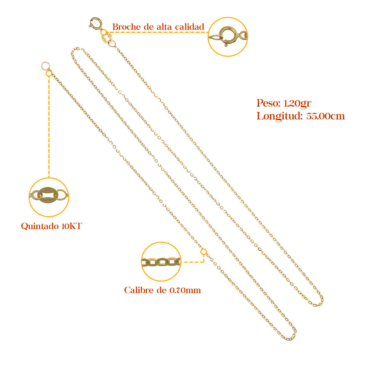 Cadena De Oro De 10k Rolo De 55 Cm Calibre 0.7mm