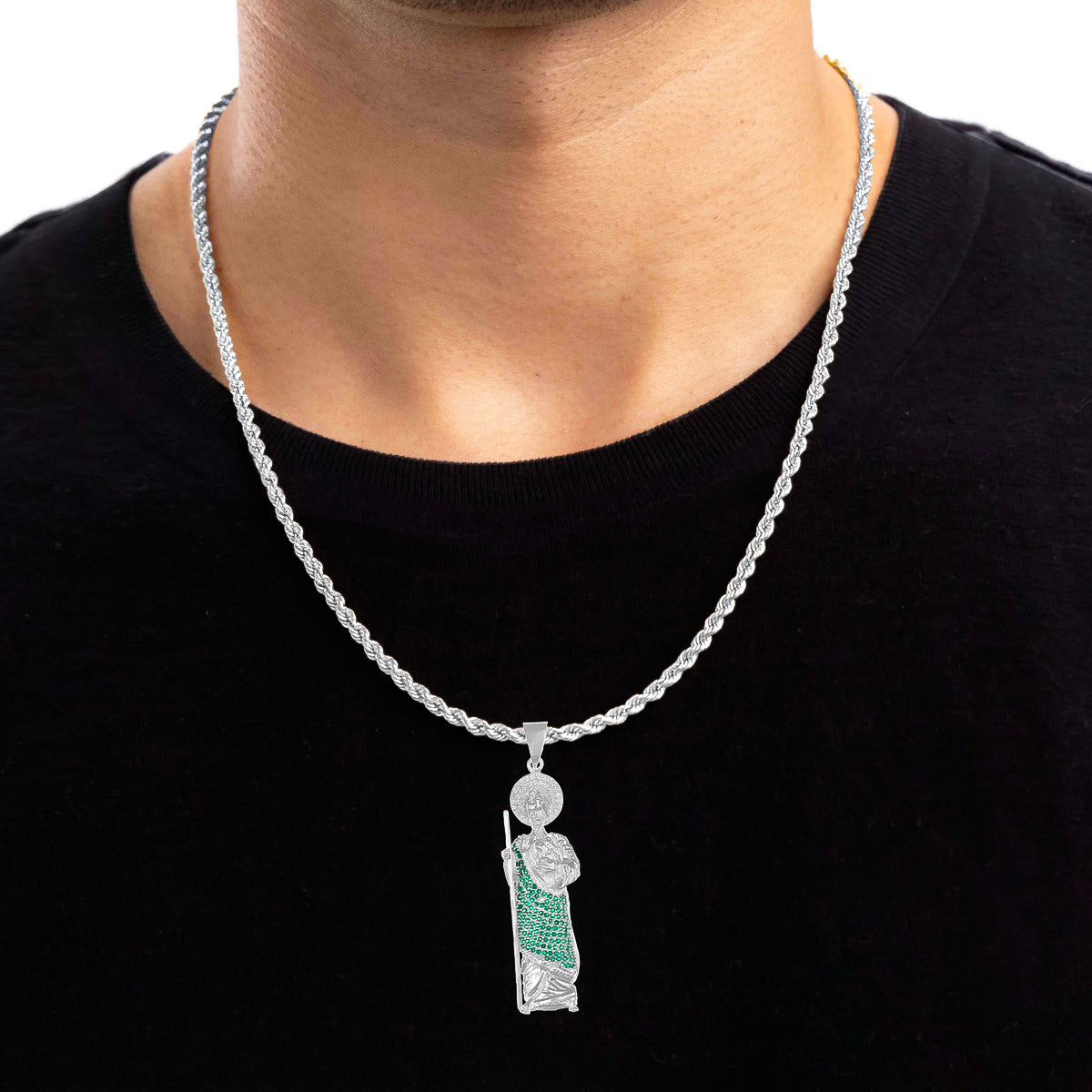 Dije De Plata 925 San Judas Con Piedra Zirconia Verde 7.5cm