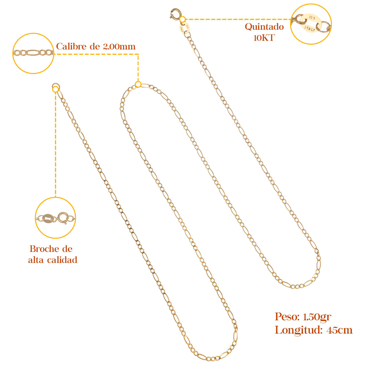 10K Solid Italian Figaro Chain 2mm, 45cm