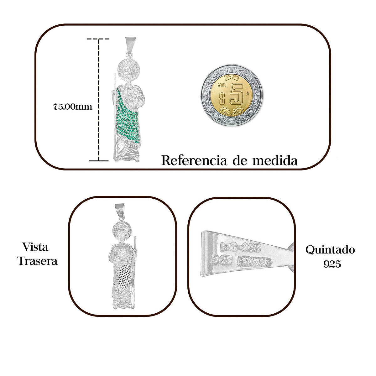 Dije De Plata 925 San Judas Con Piedra Zirconia Verde 7.5cm