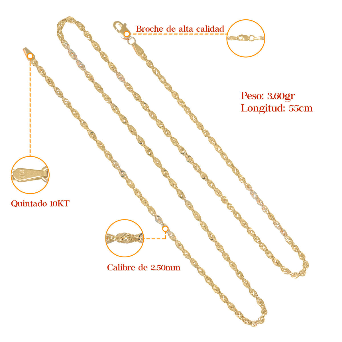 Cadena De Oro Hombre Italiano Torsal 10k Calibre 2.4mm