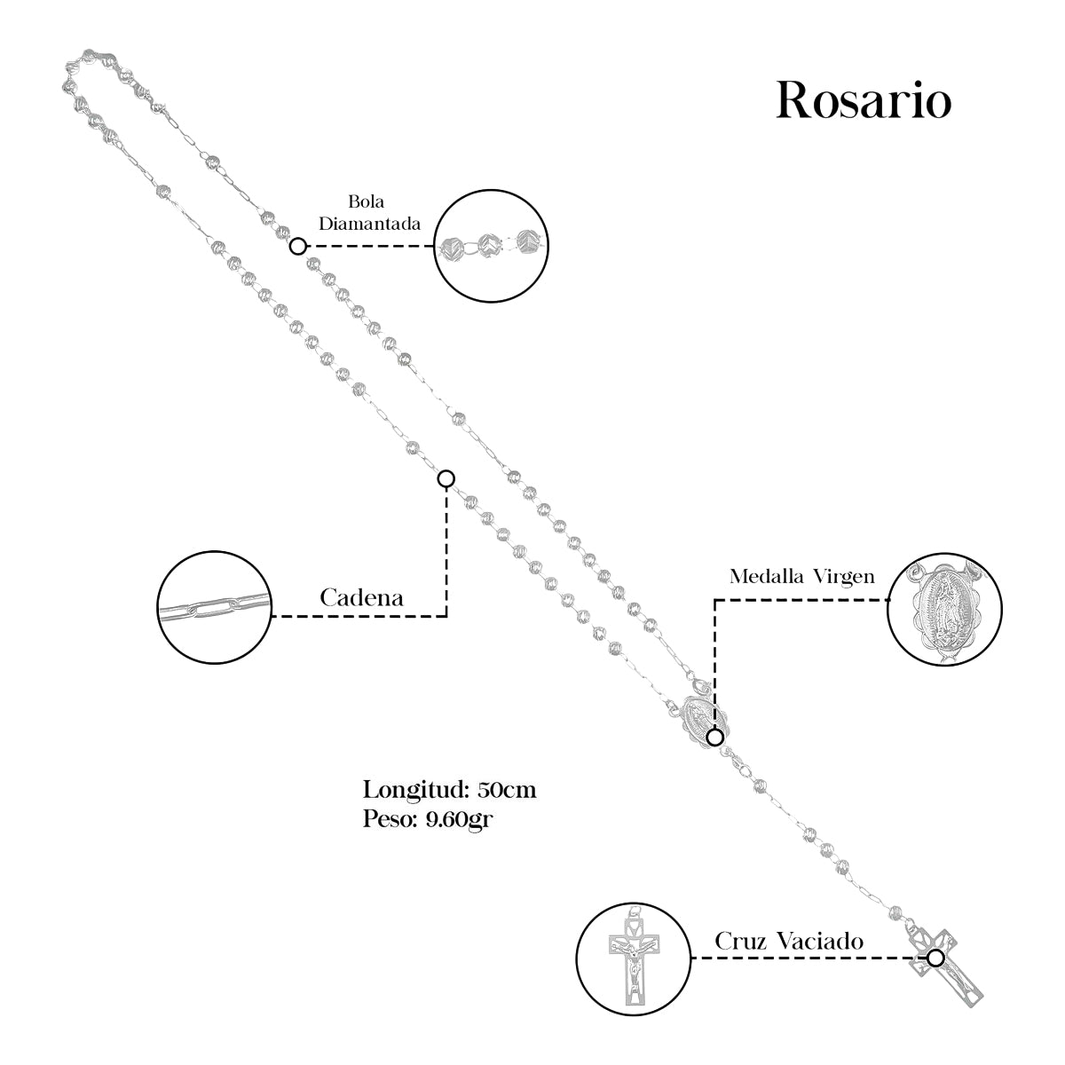 Rosario De Plata Ley 925 Con Bola Diamantada De 50 Cm