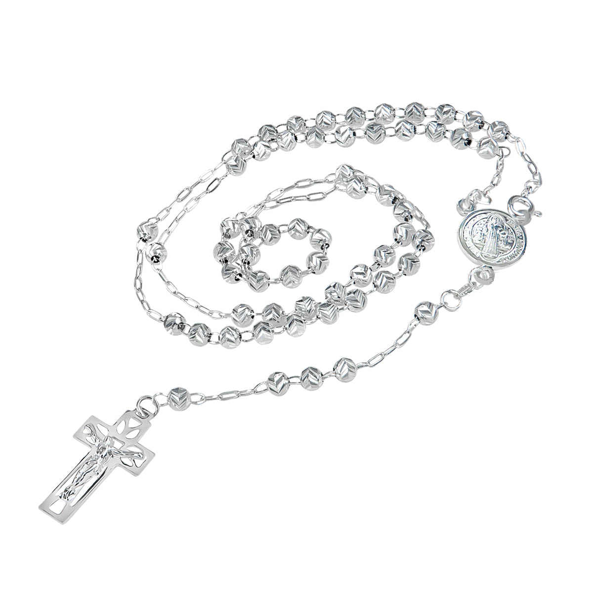 Rosario De Plata Ley 925 Con Bola Diamantada De 60 Cm