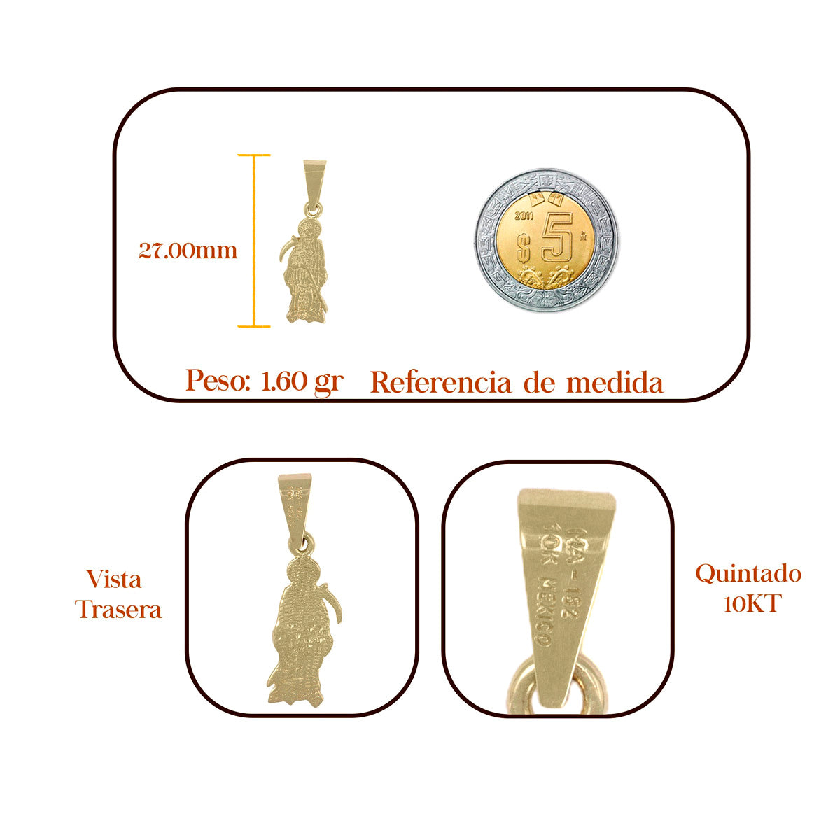 Dije De La Santa Muerte En Oro De 10k De 2.7 Cm