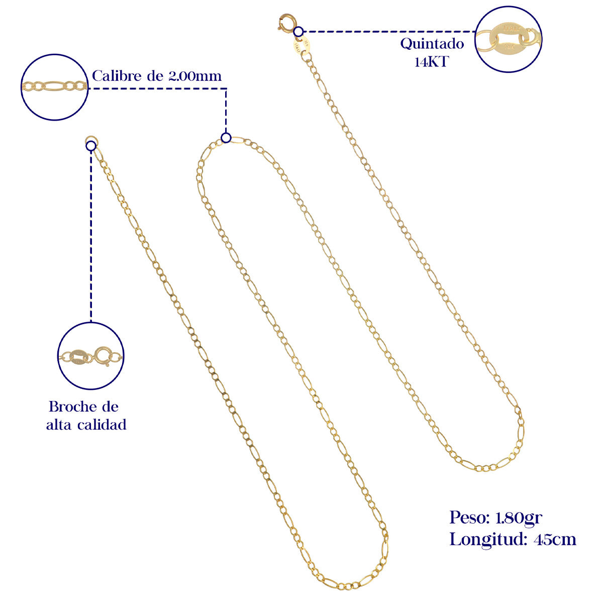 14K Solid Italian Figaro Chain 2mm, 18 Inch