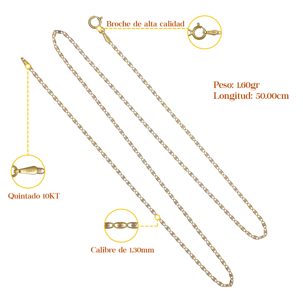 Cadena De Oro De 10k Valentino Calibre 1.3mm