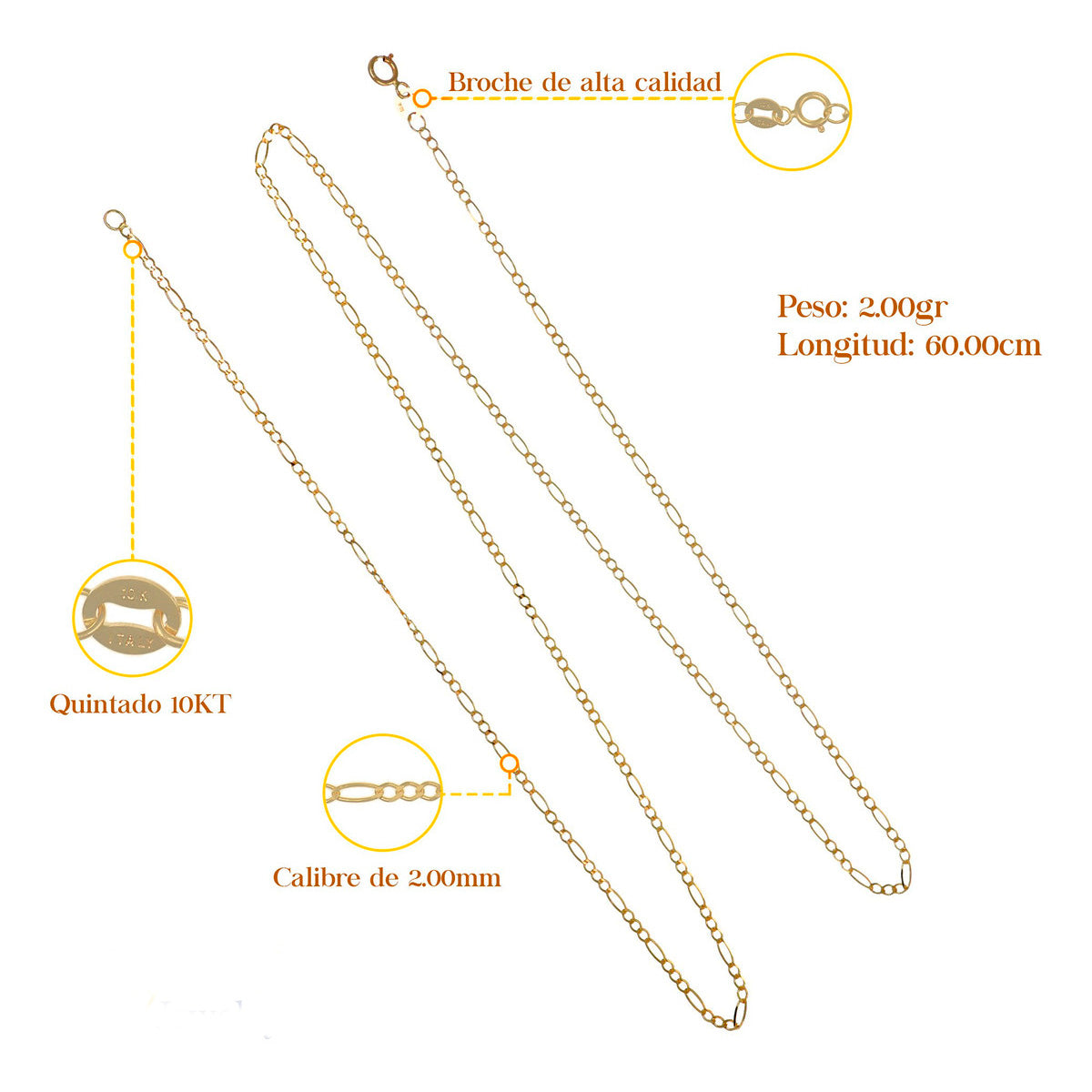 Cadena De Oro De 10k 3x1 Figaro Solida Calibre 2.0mm