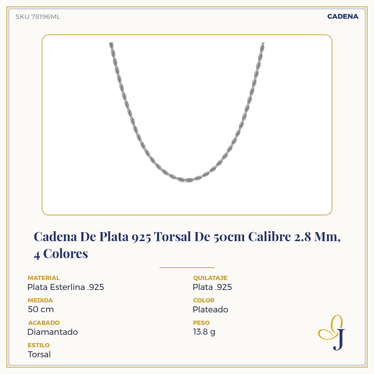 Cadena De Plata 925 Torsal De 50cm Calibre 2.8 Mm, 4 Colores