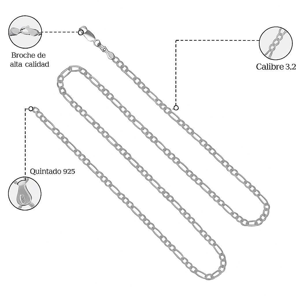 925 Silver Chain 3x1 Figaro Style 50 cm Gauge 3.2mm