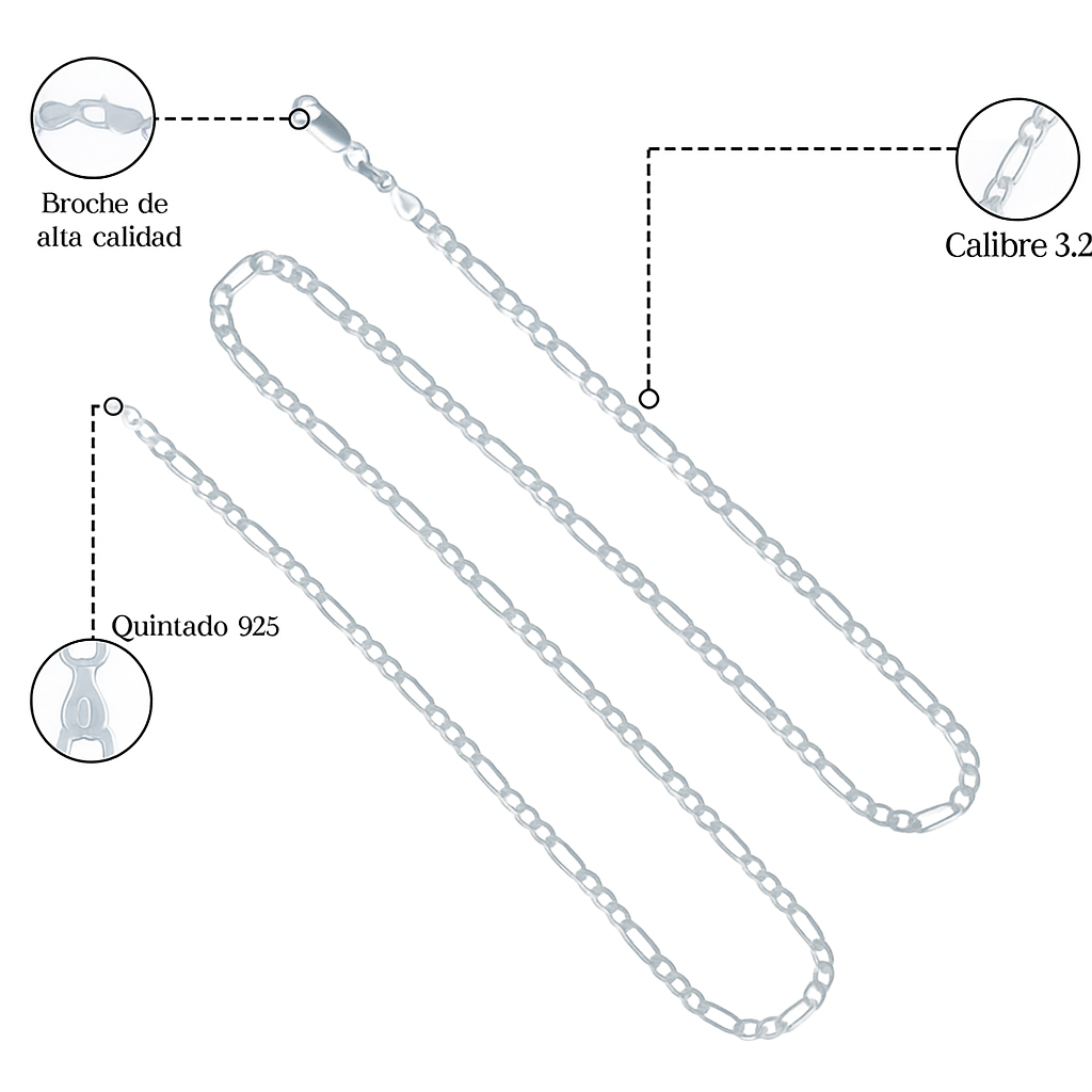 925 Silver Chain 3x1 Figaro Style 50 cm Gauge 3.2mm