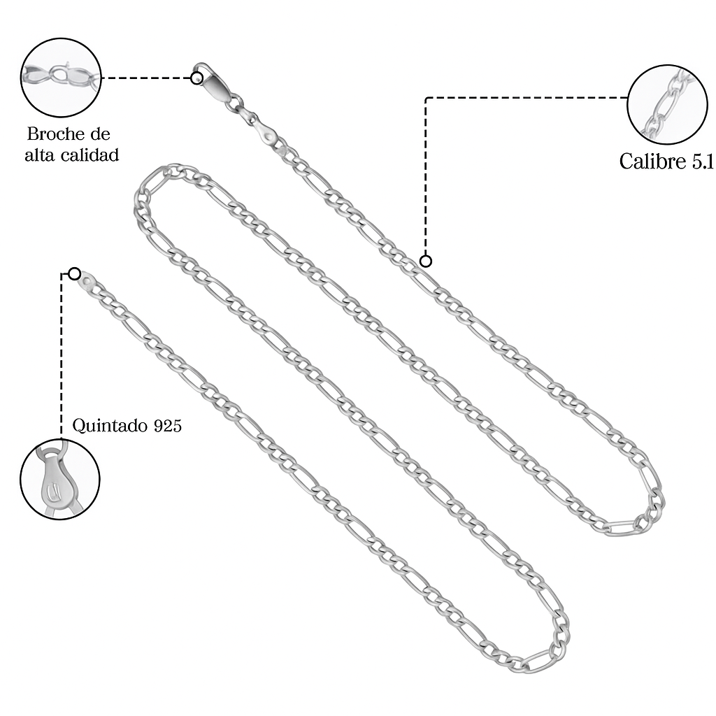 925 Silver Chain 3x1 Figaro Style 55 cm Gauge 5.1mm