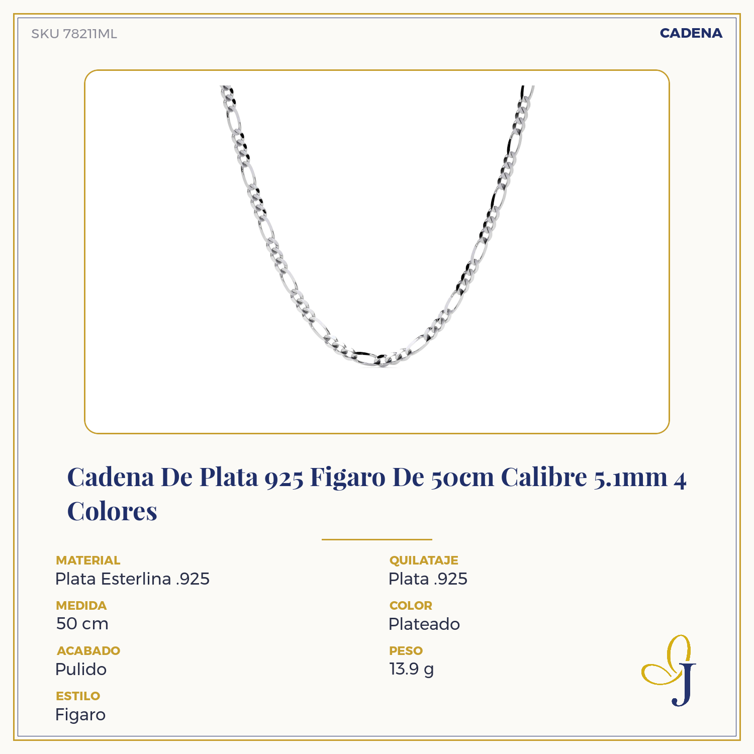 Cadena De Plata 925 Figaro De 50cm Calibre 5.1mm 4 Colores