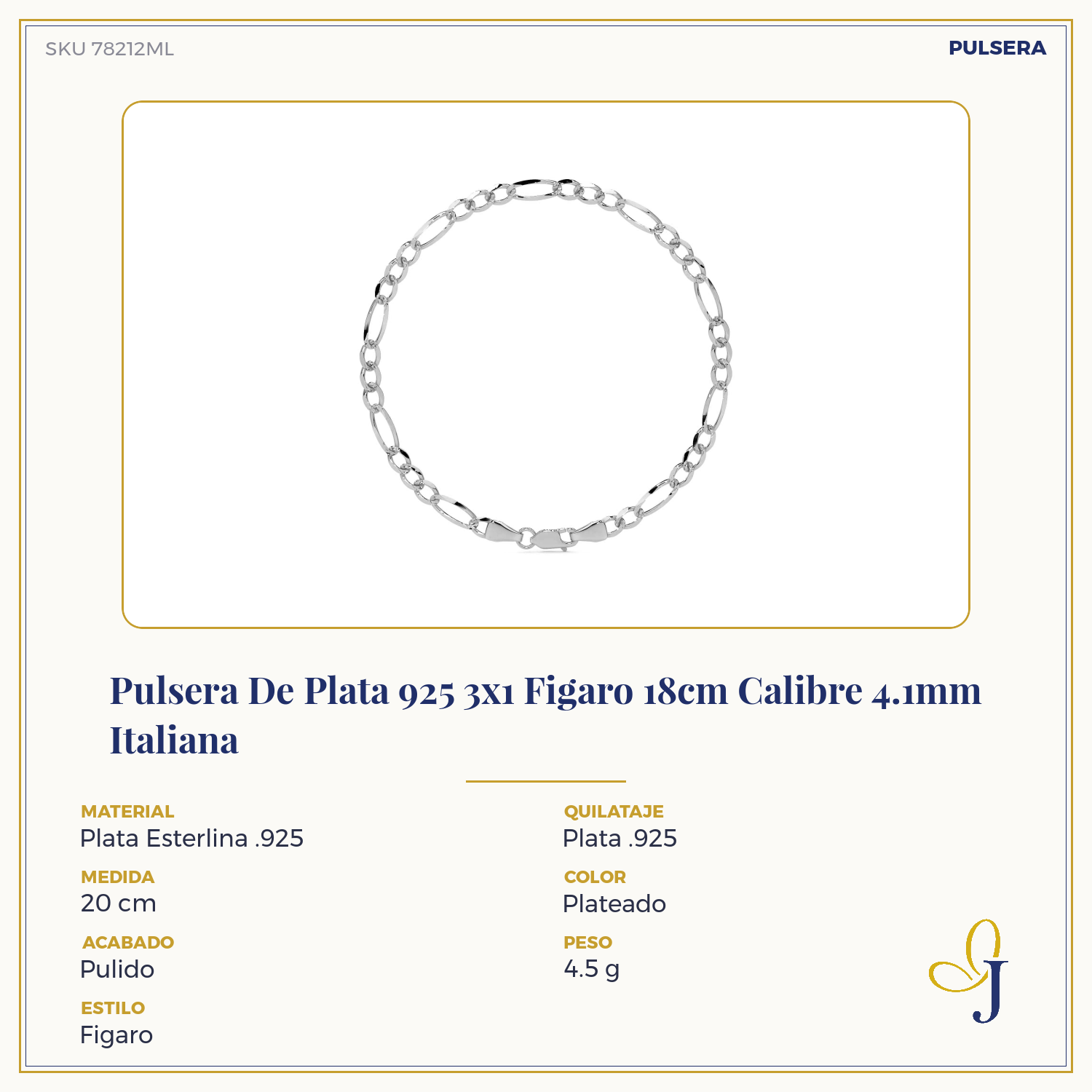 Pulsera De Plata 925 3x1 Figaro 18cm Calibre 4.1mm Italiana