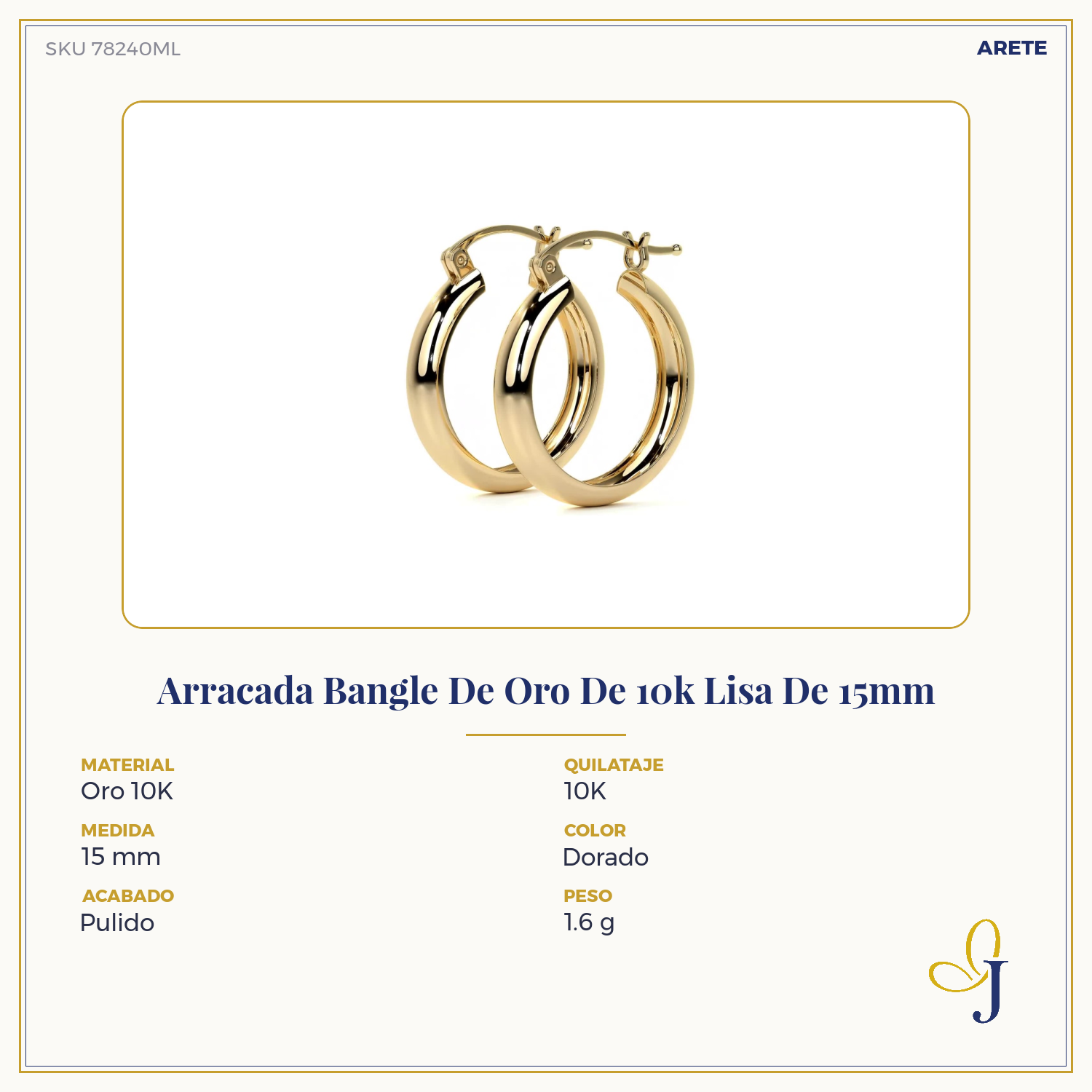Arracada Bangle De Oro De 10k Lisa De 15mm