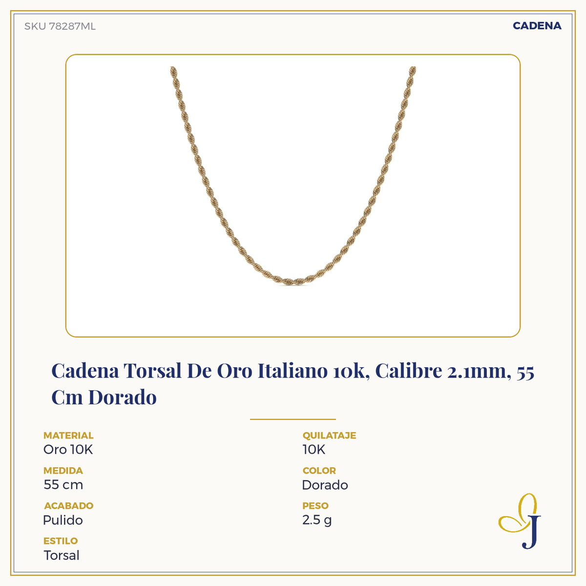 Cadena Torsal De Oro Italiano 10k, Calibre 2.1mm
