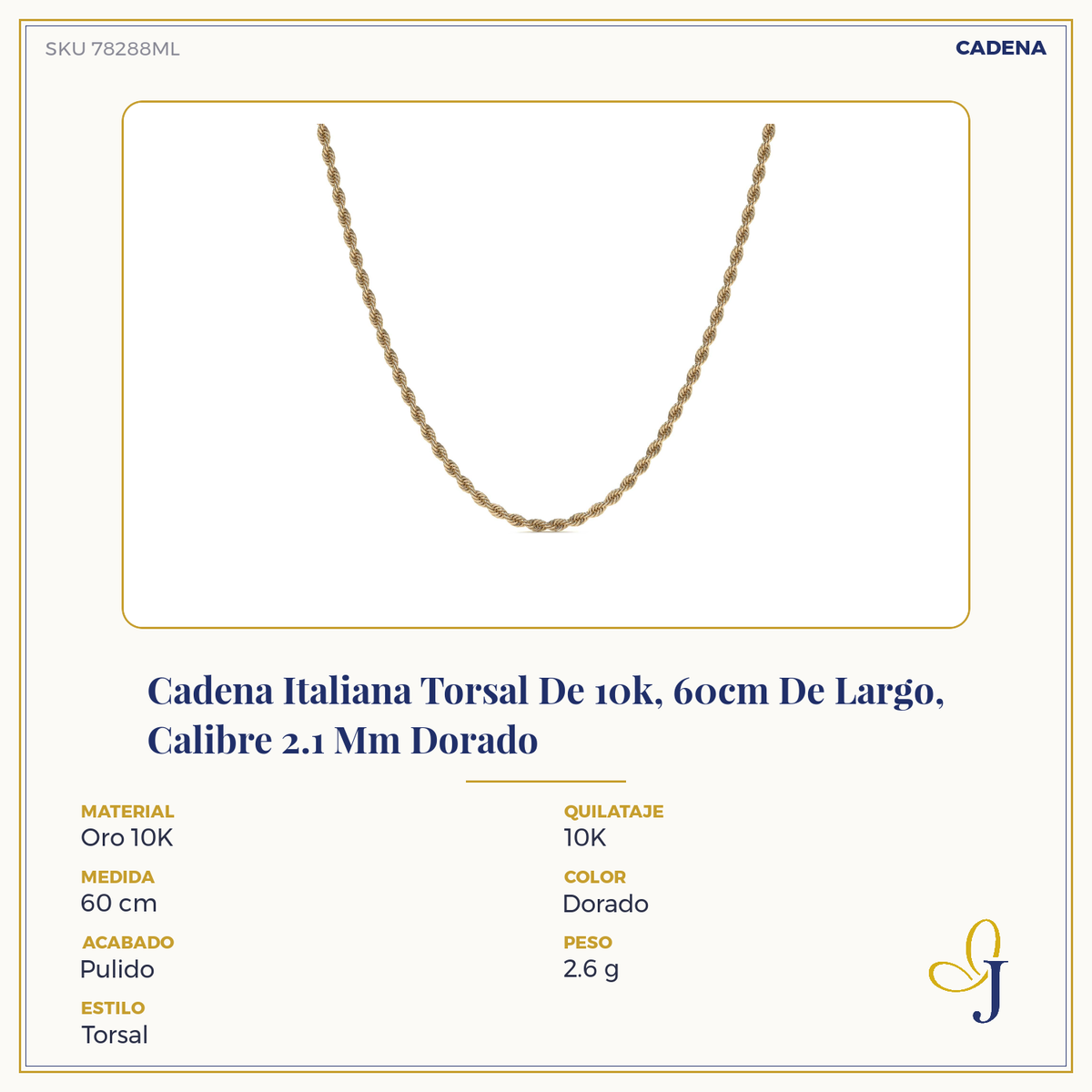 Cadena Torsal De Oro Italiano 10k, Calibre 2.1mm
