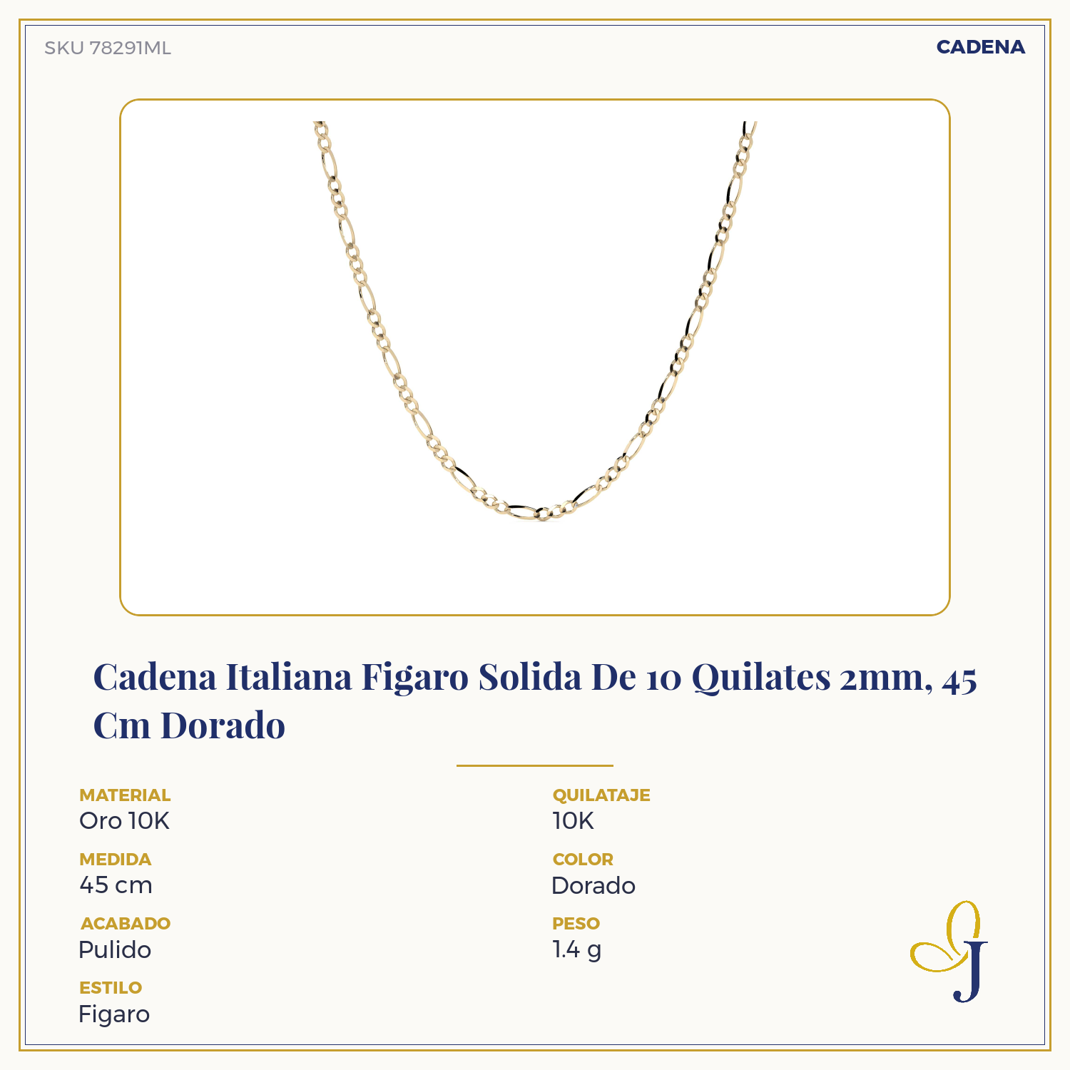 Cadena Italiana Figaro Solida De 10 Quilates 2mm, 45 Cm Dorado