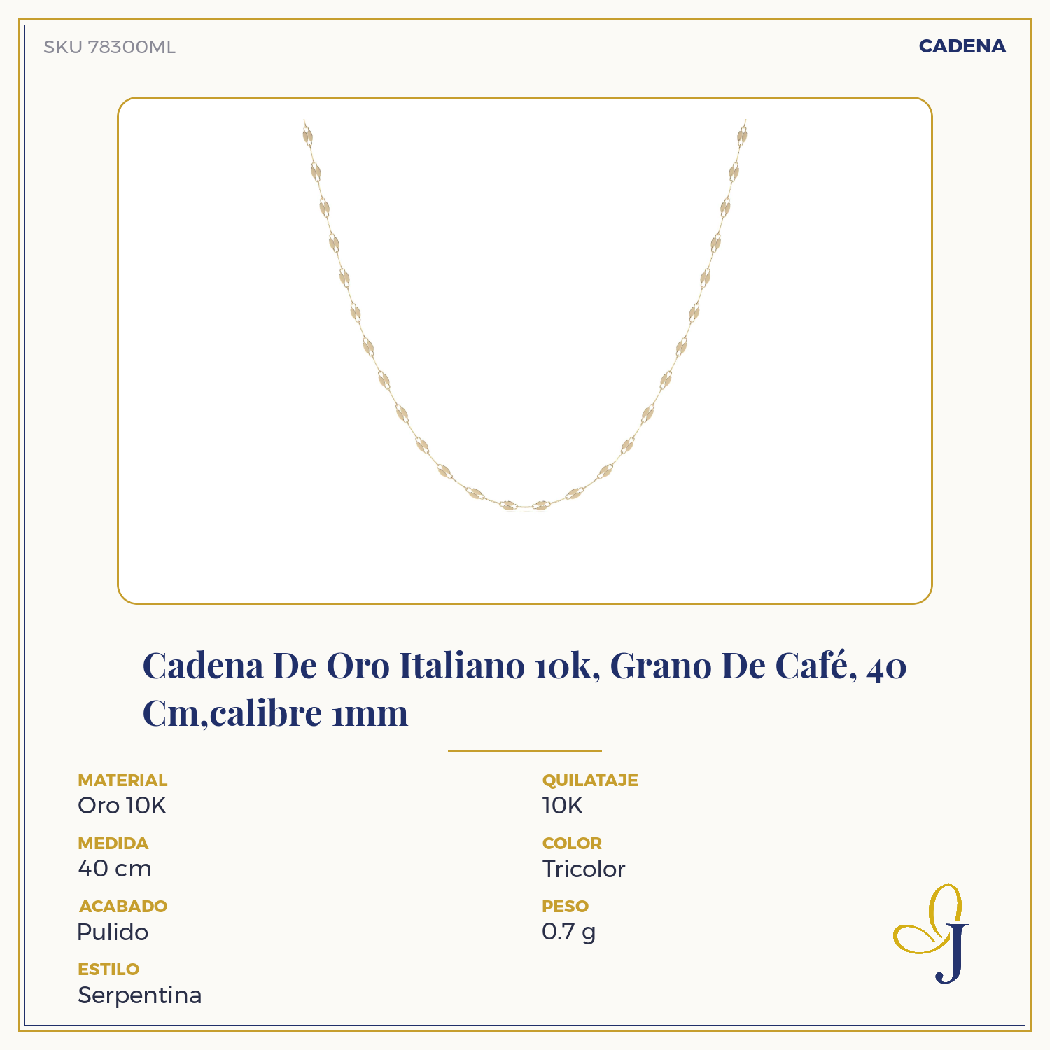 Cadena De Oro Italiano 10k, Grano De Café, 40 Cm,calibre 1mm