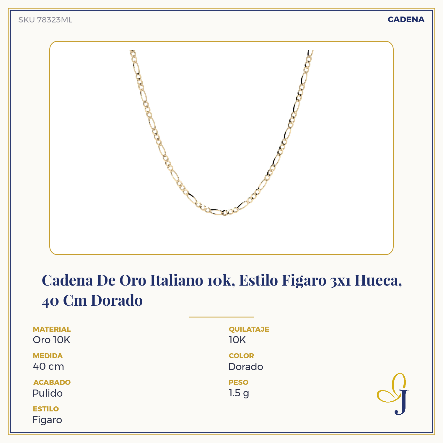 Cadena De Oro Italiano 10k, Estilo Figaro 3x1 Hueca, 40 Cm Dorado