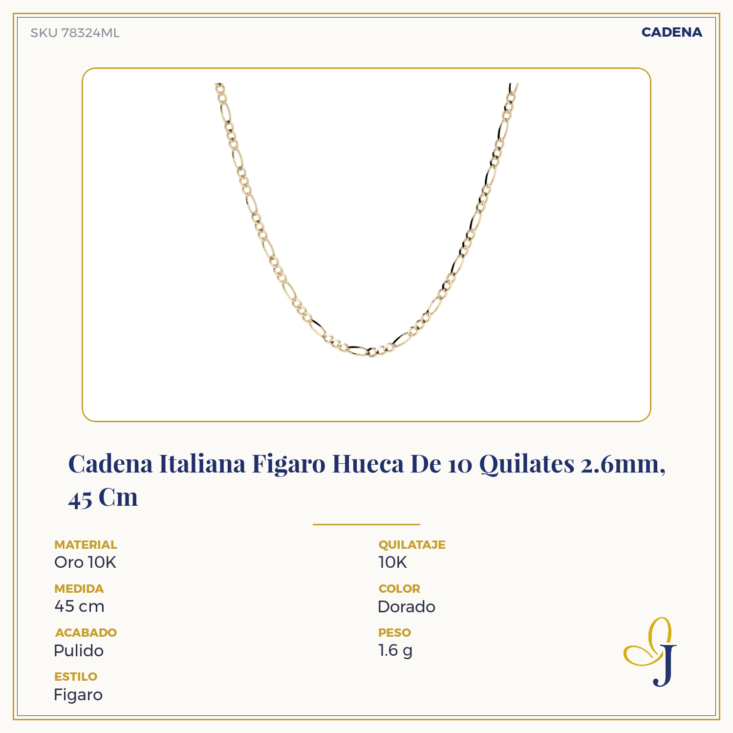 Cadena De Oro Italiano 10k, Estilo Figaro 3x1 Hueca, 40 Cm Dorado