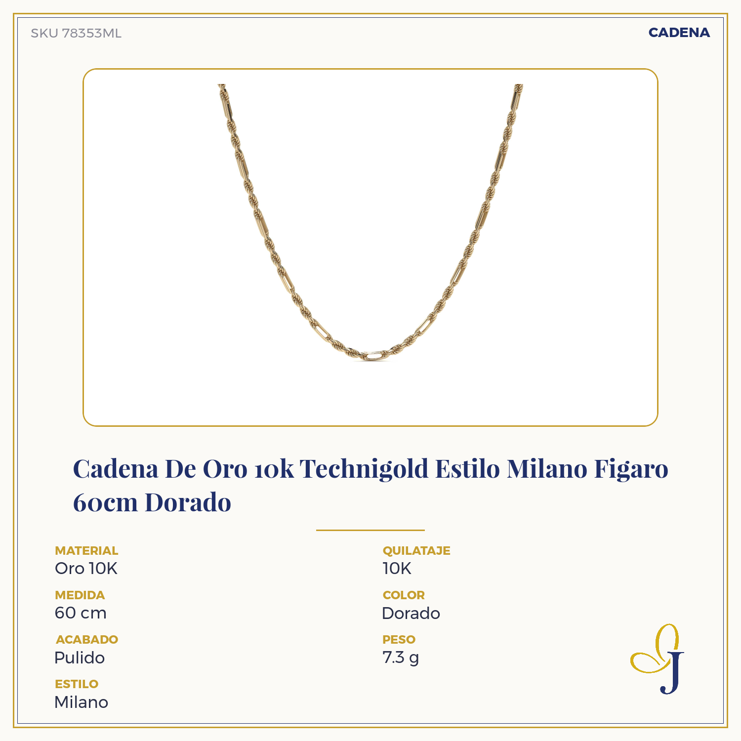 Cadena De Oro 10k Technigold Estilo Milano Figaro 60cm Dorado