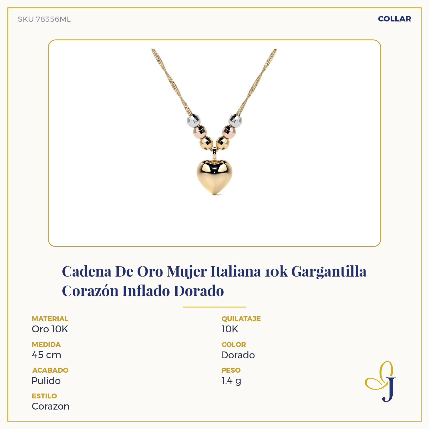Cadena De Oro Mujer Italiana 10k Gargantilla Corazón Inflado Dorado