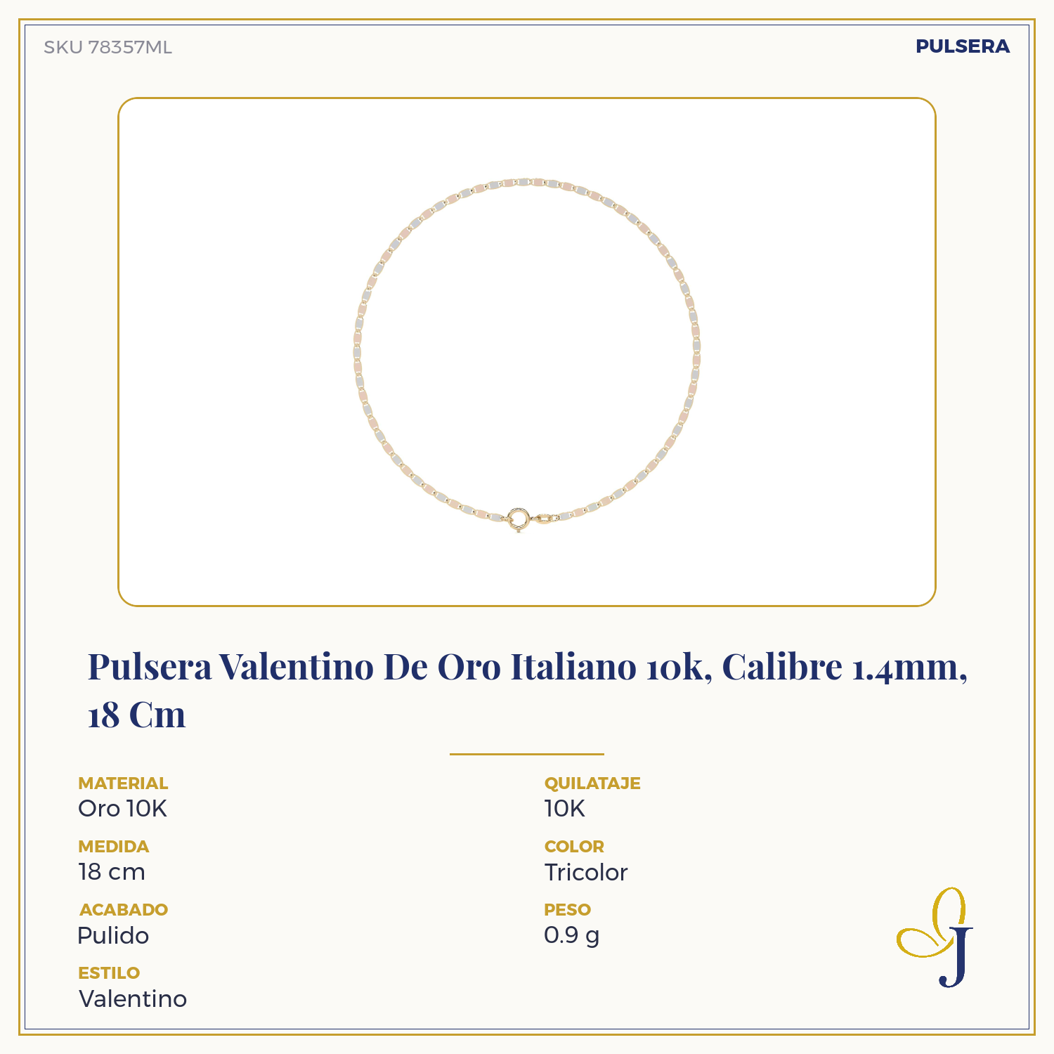 Pulsera Valentino De Oro Italiano 10k, Calibre 1.4mm, 18 Cm