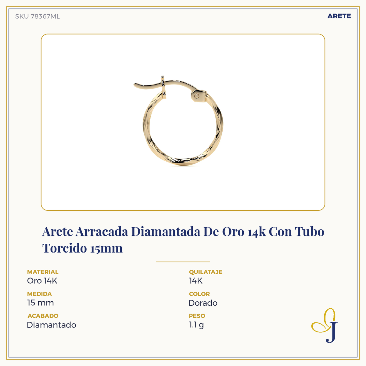 Arete Arracada De Oro De 14k Diamantada Estilo Torsal