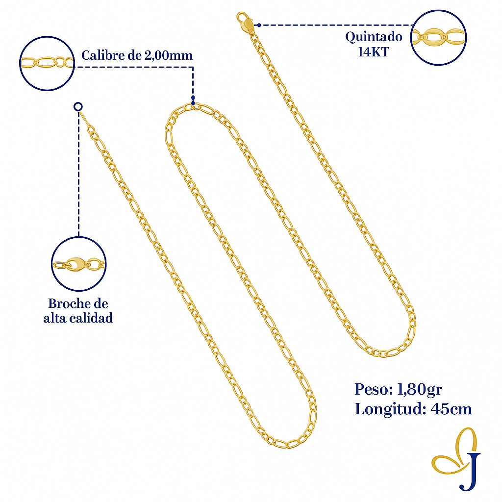 Italian Figaro 14k Gold Chain for Men 55cm Gauge 2mm