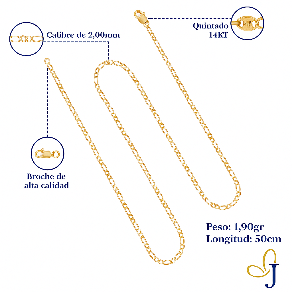 Italian Figaro 14k Gold Chain for Men 55cm Gauge 2mm