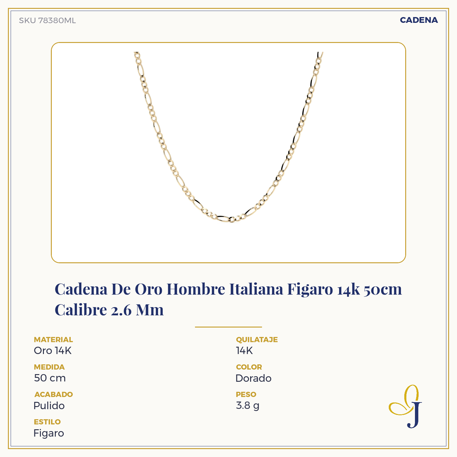 Cadena De Oro Hombre Italiana Figaro 14k 50cm Calibre 2.6 Mm