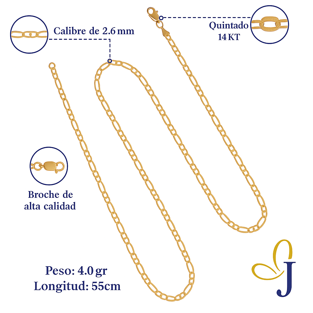 Italian Figaro 14k Gold Chain for Men 50cm Gauge 2.6mm